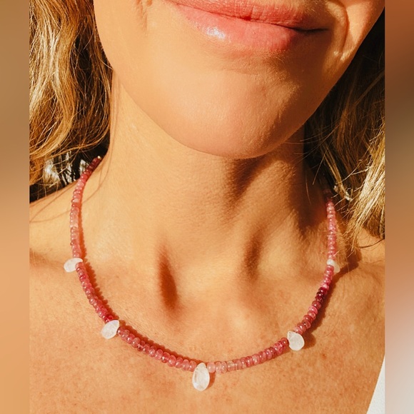 Pink Tourmaline & Moonstone Beaded Necklace Unique Handmade Necklace GORGEOUS